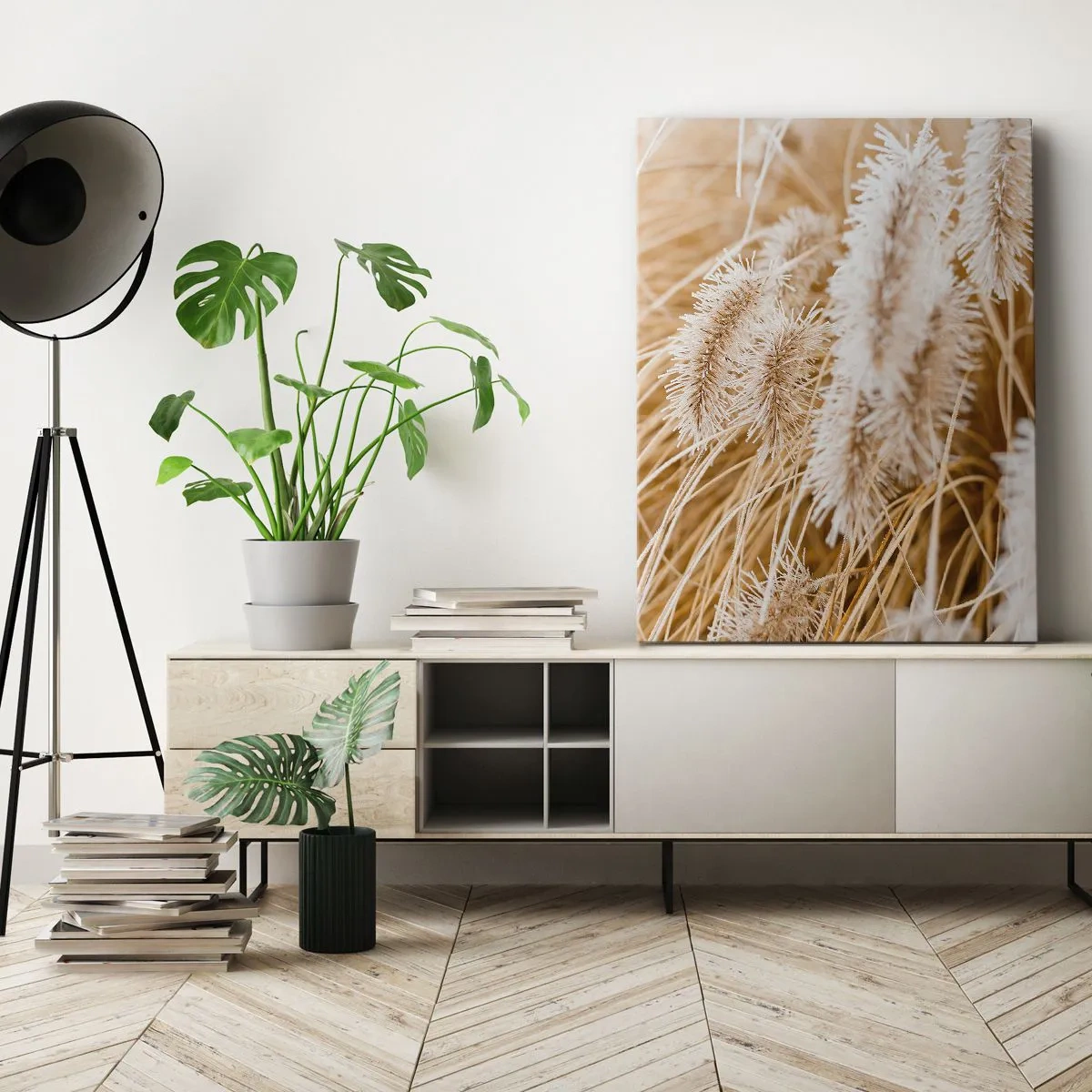 Bild auf Leinwand - Leinwandbild - Nahaufnahme von goldenen, zarten Gräsern im Sonnenlicht - 50x70cm - Das goldene Rauschen des Grases - Moderne Wanddekoration für Wohnzimmer und Schlafzimmer ARTTOR