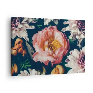 Bild auf Leinwand - Leinwandbild - Blumenarrangement mit Pfingstrosen und Chrysanthemen auf dunklem Hintergrund - 70x50cm - Mit barocker Pracht - Moderne Wanddekoration für Wohnzimmer und Schlafzimmer ARTTOR