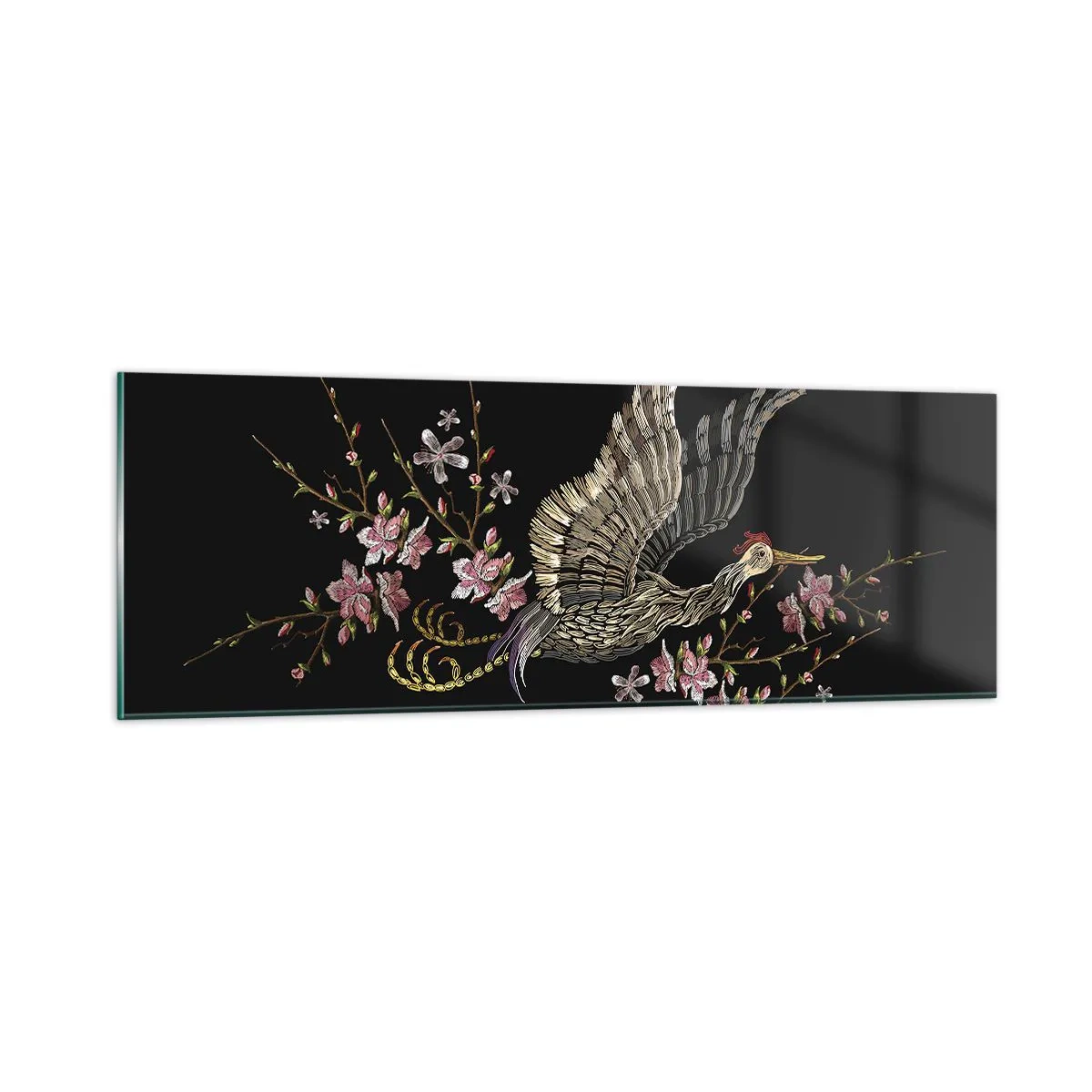 Glasbild - Bild auf glas - Exotischer gestickter Vogel - 90x30 cm