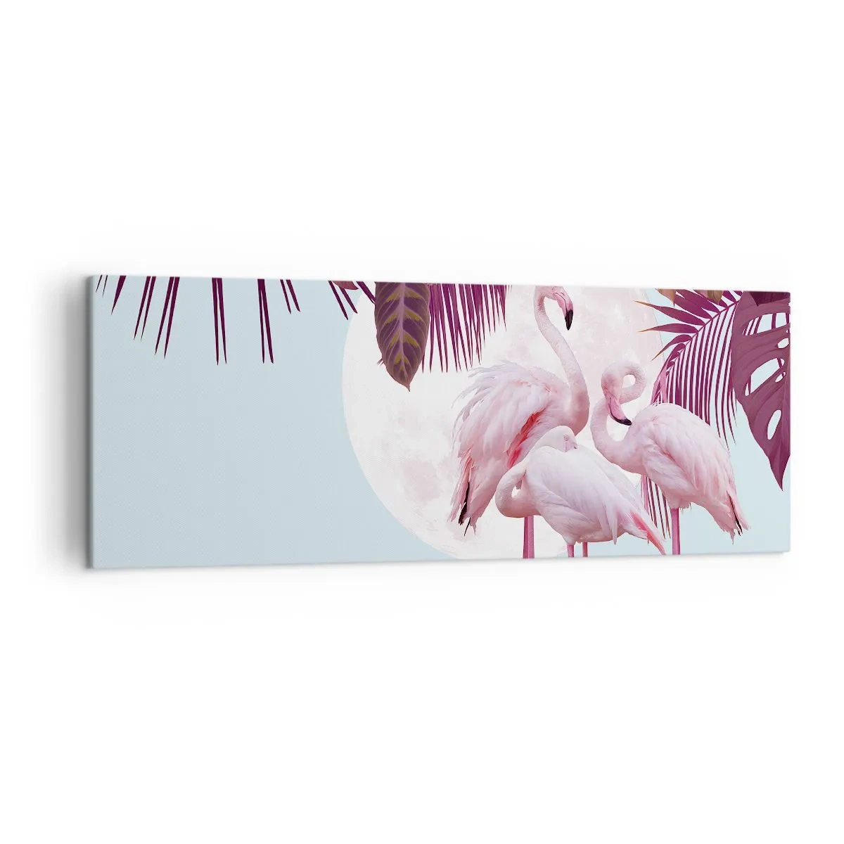 Bild auf Leinwand - Leinwandbild - Rosa Flamingos vor dem Hintergrund des Mondes und tropischer Blätter - 140x50cm - Drei Vogelgnaden - Moderne Wanddekoration für Wohnzimmer und Schlafzimmer ARTTOR