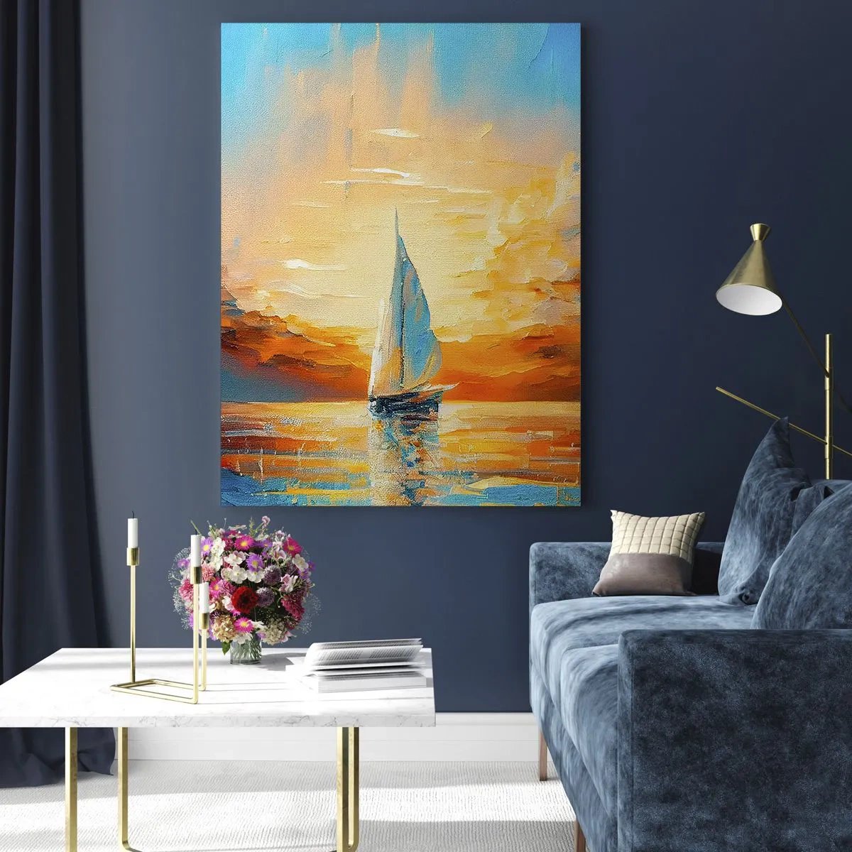Glasbild - Bild auf glas - Ein Segelboot vor der Kulisse der untergehenden Sonne und bunten Wolken - 70x100cm - In Gold segeln - Moderne Wanddekoration für Wohnzimmer und Schlafzimmer ARTTOR