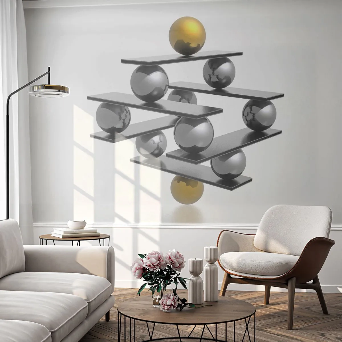 Fototapete Premium Sand - Gold- und Silberbalance - Abstraktion, Metallkugeln, 3D - 500x350 cm