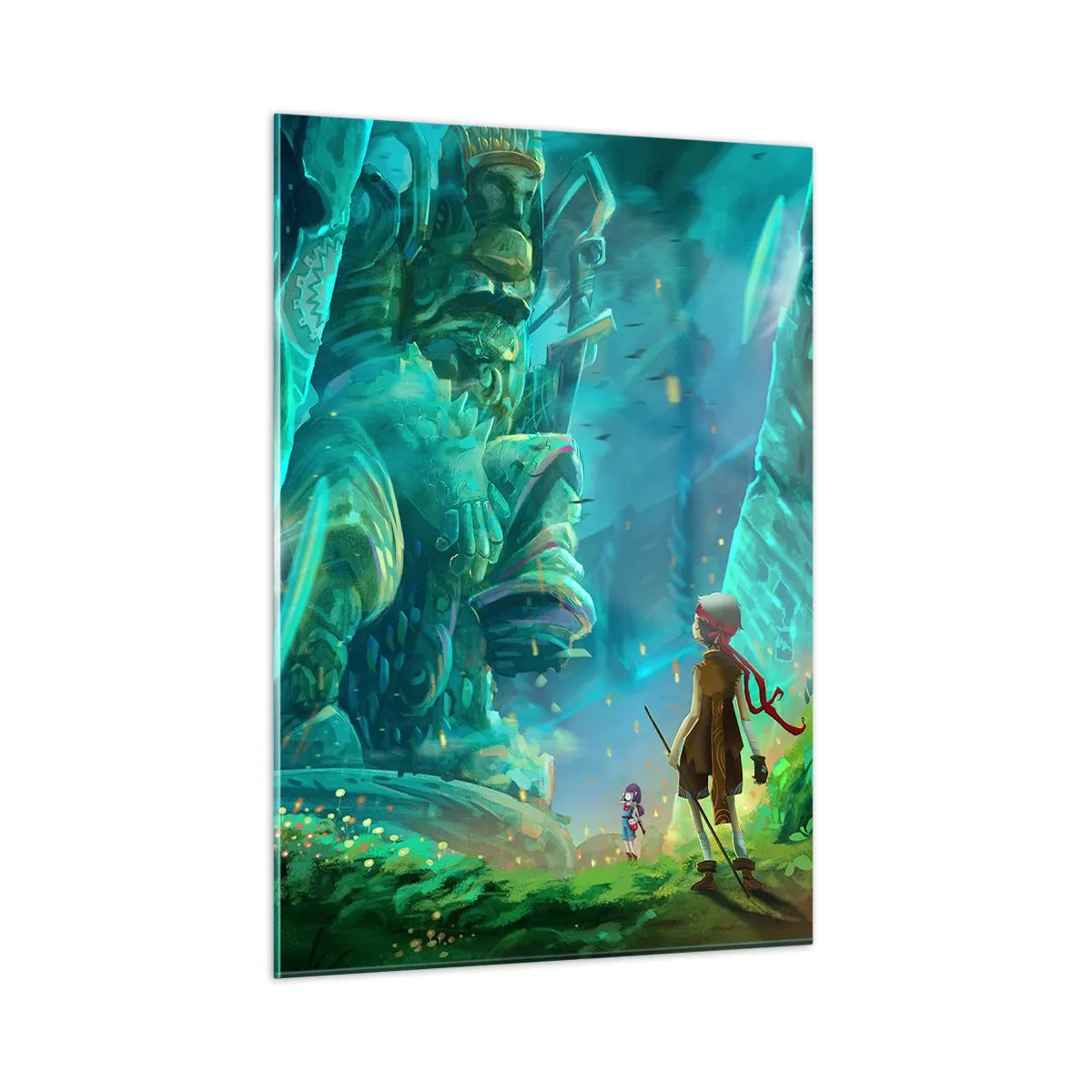 Glasbild - Bild auf glas - Fantasielandschaft mit einer Figur und einer antiken Statue im Wald - 50x70cm - Aus dem großen Märchenbuch - Moderne Wanddekoration für Wohnzimmer und Schlafzimmer ARTTOR