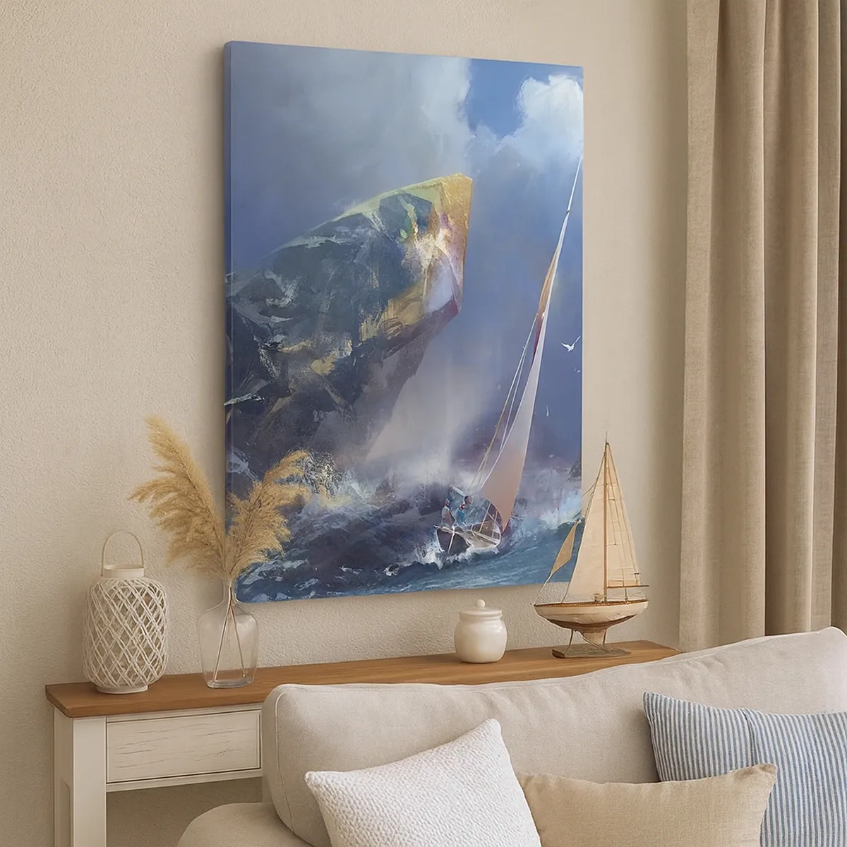 Bild auf Leinwand - Leinwandbild - Ein Segelboot im Sturm am Fuße eines massiven Felsens - 50x70cm - Wer den Mut hat, gewinnt - Moderne Wanddekoration für Wohnzimmer und Schlafzimmer ARTTOR