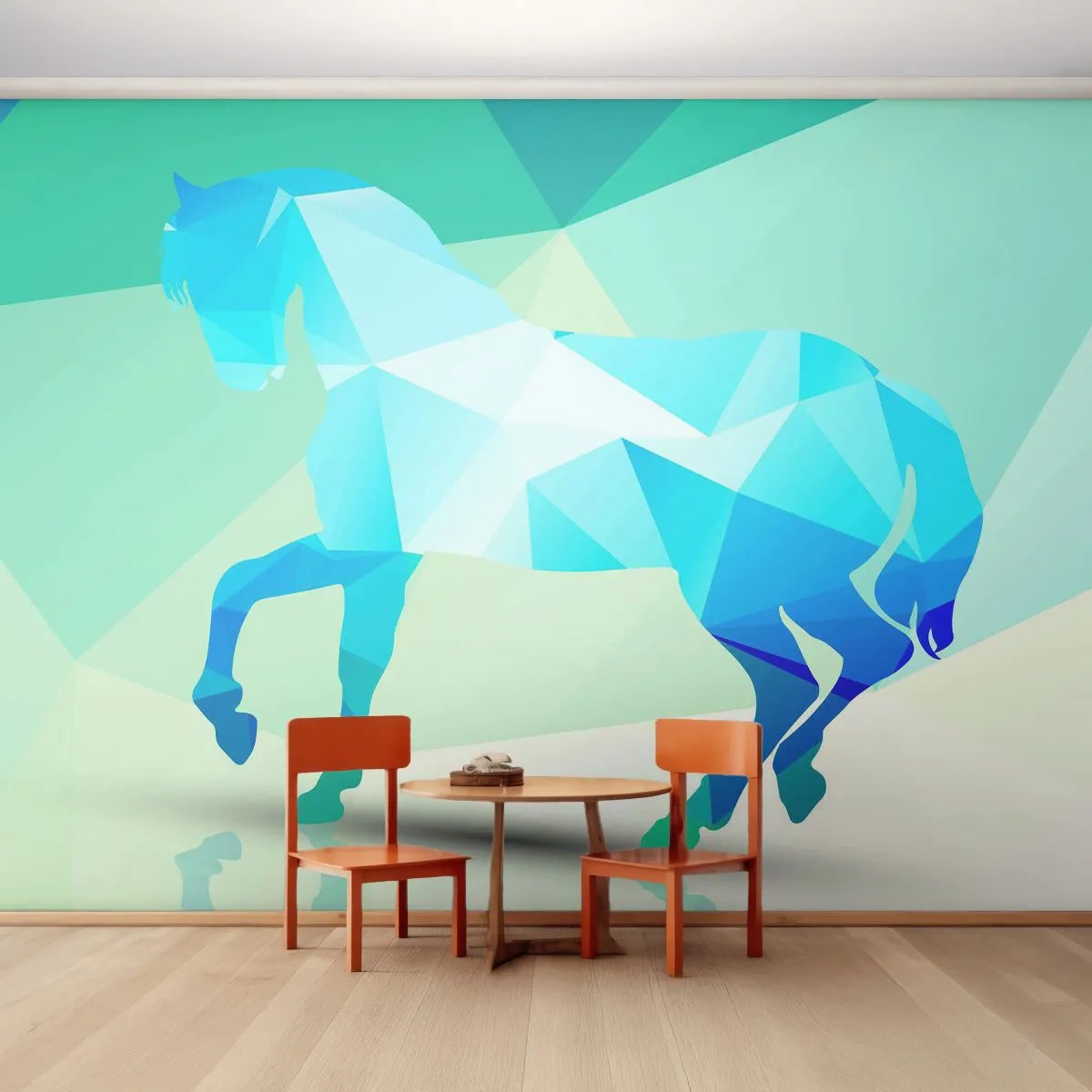 Selbstklebende Fototapete Deluxe Sticker - Geometrisches Pferd in Türkis - Tiere, Pferd, Geometrische Figur - 250x175 cm