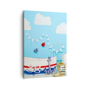 Bild auf Leinwand - Leinwandbild - Nautische Dekoration mit einem Boot und Zubehör auf blauem Hintergrund - 50x70cm - Die Sehnsucht eines Kindes nach Abenteuer - Moderne Wanddekoration für Wohnzimmer und Schlafzimmer ARTTOR