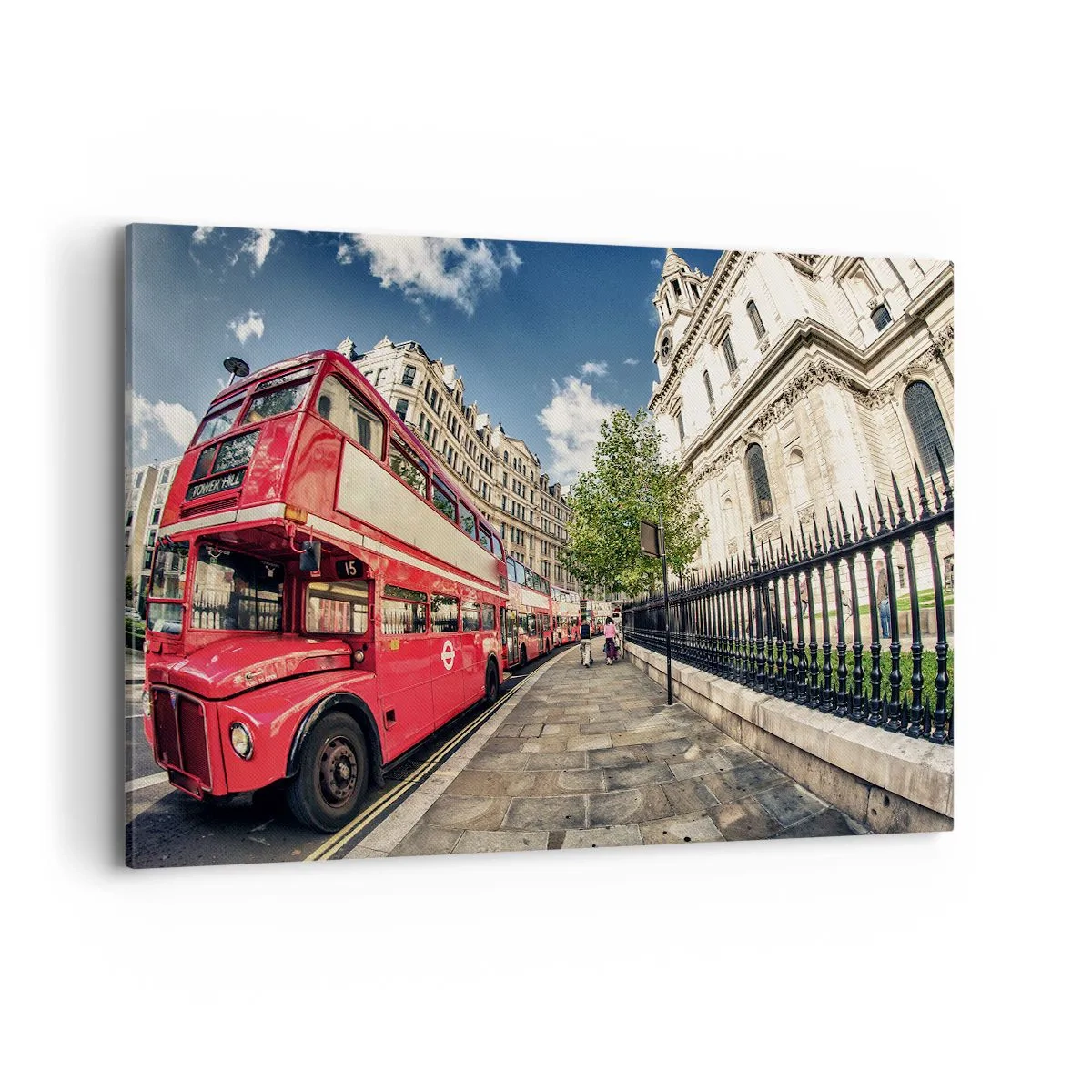 Bild auf Leinwand - Leinwandbild - Roter Doppeldeckerbus in London in der Nähe der Straße und der Kathedrale - 120x80cm - Londoner Straße in Grau und Rot - Moderne Wanddekoration für Wohnzimmer und Schlafzimmer ARTTOR