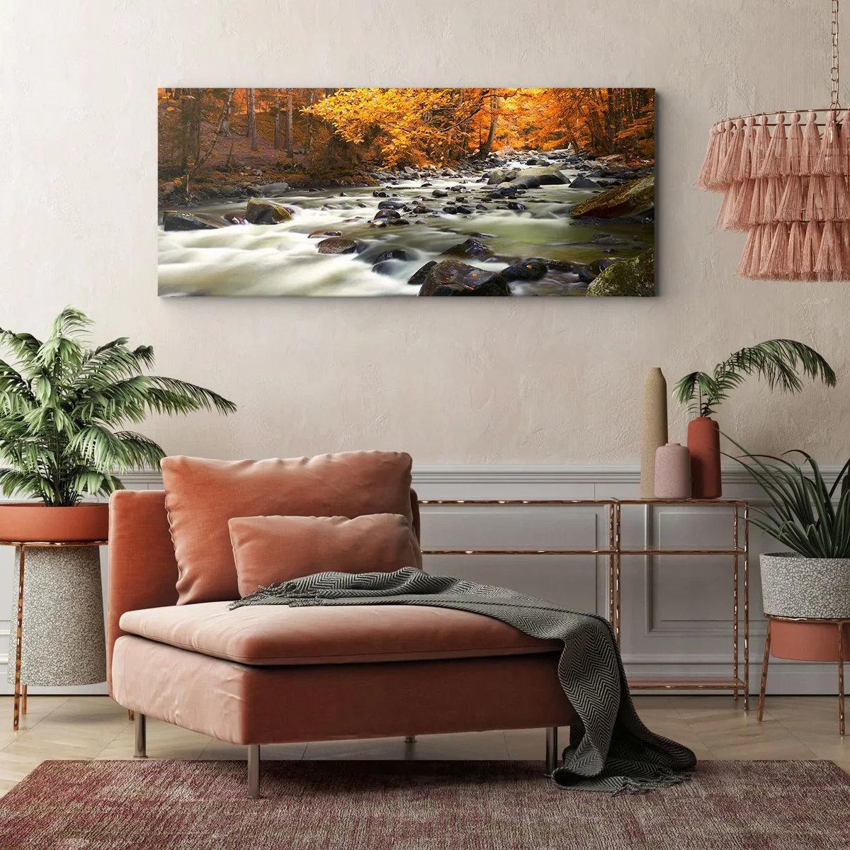 Bild auf Leinwand - Leinwandbild - Ein Bach in einem goldenen Wald - 90x30 cm
