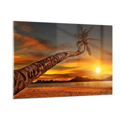 Glasbild - Bild auf glas - Palme an einem tropischen Strand bei Sonnenuntergang - 120x80cm - Exotischer Urlaub, karibisches Abenteuer - Moderne Wanddekoration für Wohnzimmer und Schlafzimmer ARTTOR