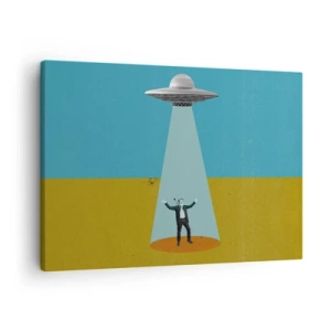 Bild auf Leinwand - Leinwandbild - Ein Mann im Licht eines UFOs vor dem Hintergrund einer farbenfrohen Landschaft - 70x50cm - Nahe Begegnung - Moderne Wanddekoration für Wohnzimmer und Schlafzimmer ARTTOR