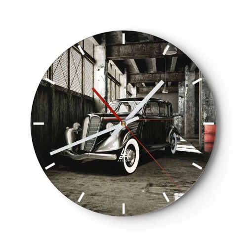 Wanduhr - Glasuhr - Stimmungsvolle Garage mit einem klassischen Oldtimer - 30x30cm - Die ewige Eleganz der 1930er Jahre - Moderne Wanddekoration für Wohnzimmer, Küche und Schlafzimmer ARTTOR