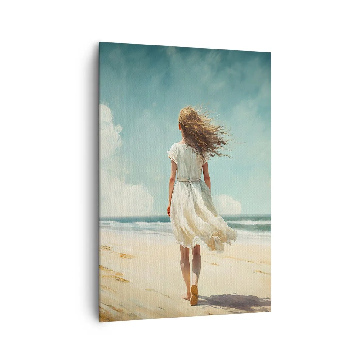 Bild auf Leinwand - Leinwandbild - Eine Frau in einem weißen Kleid geht an einem sonnigen Tag am Strand spazieren - 70x100cm - Der Sonne und dem Wind begegnen - Moderne Wanddekoration für Wohnzimmer und Schlafzimmer ARTTOR