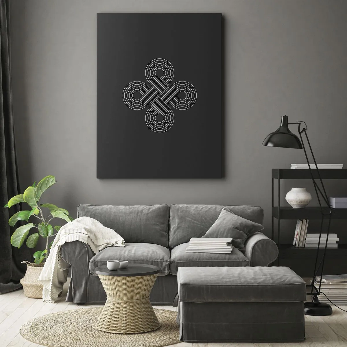 Bild auf Leinwand - Leinwandbild - Keltisches Muster im minimalistischen Stil auf schwarzem Hintergrund - 50x70cm - Im keltischen Geist - Moderne Wanddekoration für Wohnzimmer und Schlafzimmer ARTTOR