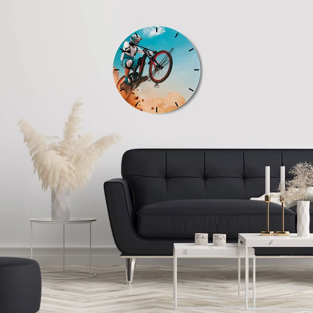 Wanduhr - Glasuhr - Ein Mountainbike-Fahrer macht einen Sprung - 30x30cm - Fahrrad-Wahnsinn-Dämon - Moderne Wanddekoration für Wohnzimmer, Küche und Schlafzimmer ARTTOR