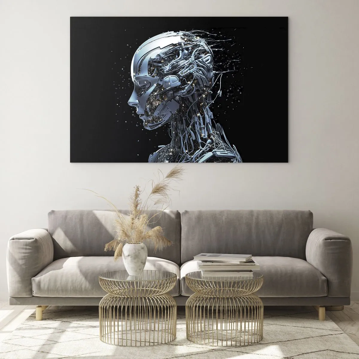 Glasbild - Bild auf glas - Profil eines weiblichen Roboters mit Drähten und Mechanismen - 100x70cm - Technologie ist eine Frau - Moderne Wanddekoration für Wohnzimmer und Schlafzimmer ARTTOR
