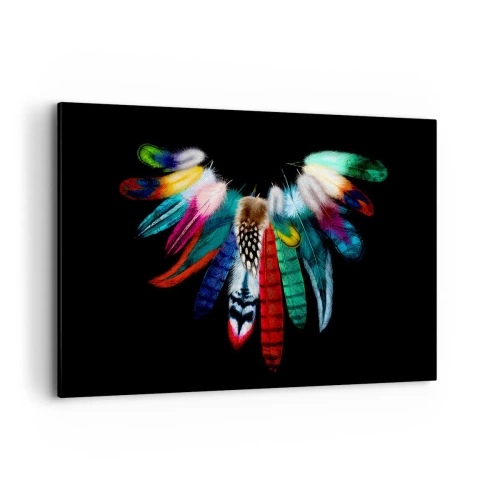 Bild auf Leinwand - Leinwandbild - Bunte Federn auf schwarzem Hintergrund in einer künstlerischen Komposition - 100x70cm - Indische Halskette - Moderne Wanddekoration für Wohnzimmer und Schlafzimmer ARTTOR