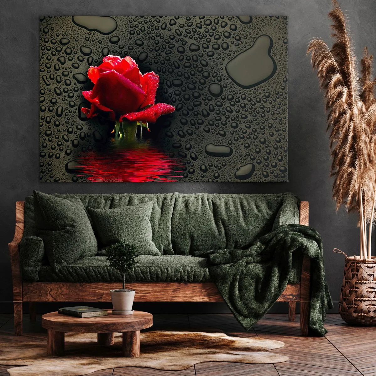 Bild auf Leinwand - Leinwandbild - Rote Rose mit Wassertropfen auf dunklem Hintergrund - 70x50cm - rot und Schwarz - Moderne Wanddekoration für Wohnzimmer und Schlafzimmer ARTTOR