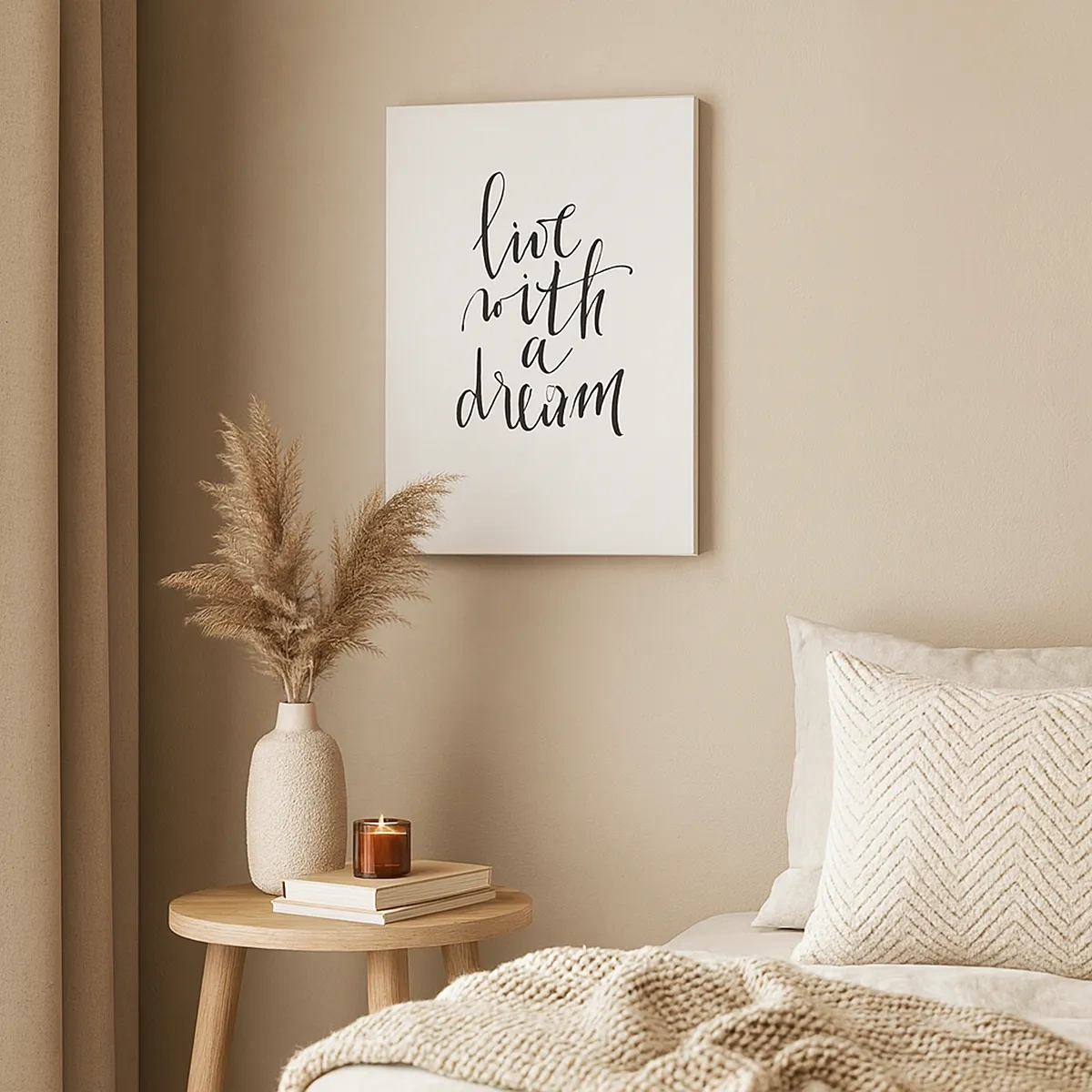 Bild auf Leinwand - Leinwandbild - Ein minimalistisches Gemälde mit den Worten „Lebe mit einem Traum“ in Schwarz auf weißem Hintergrund. - 50x70cm - Na sicher - Moderne Wanddekoration für Wohnzimmer und Schlafzimmer ARTTOR