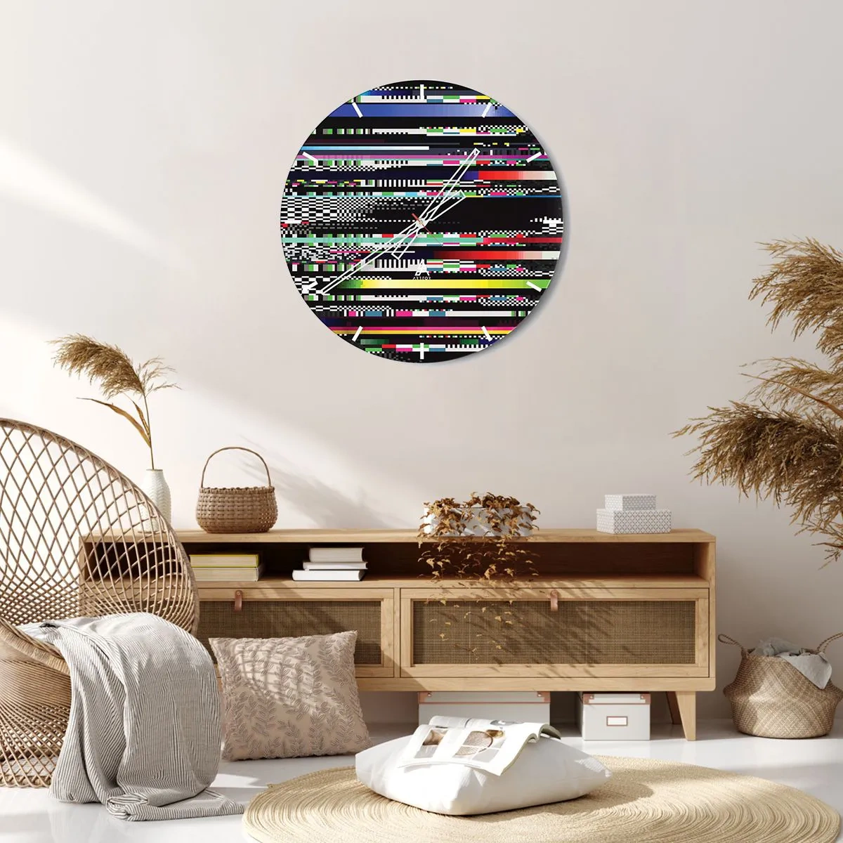 Wanduhr - Glasuhr - Abstraktes Gemälde mit bunten Streifen auf schwarzem Hintergrund - 30x30cm - Das Kontrollbild der Realität - Moderne Wanddekoration für Wohnzimmer, Küche und Schlafzimmer ARTTOR