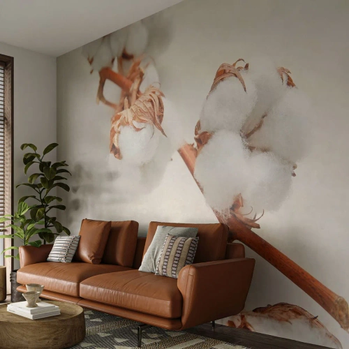 Fototapete Premium Sand - Nur umarmen - Baumwollblume, Blume, Baumwollzweig - 200x140 cm