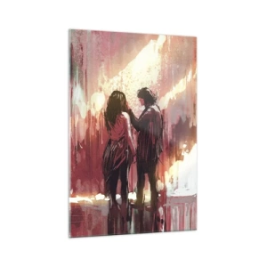 Glasbild - Bild auf glas - Ein Paar steht in warmem Licht vor einem Hintergrund aus abstrakten Mustern - 70x100cm - Das ewige Schauspiel der Liebe - Moderne Wanddekoration für Wohnzimmer und Schlafzimmer ARTTOR