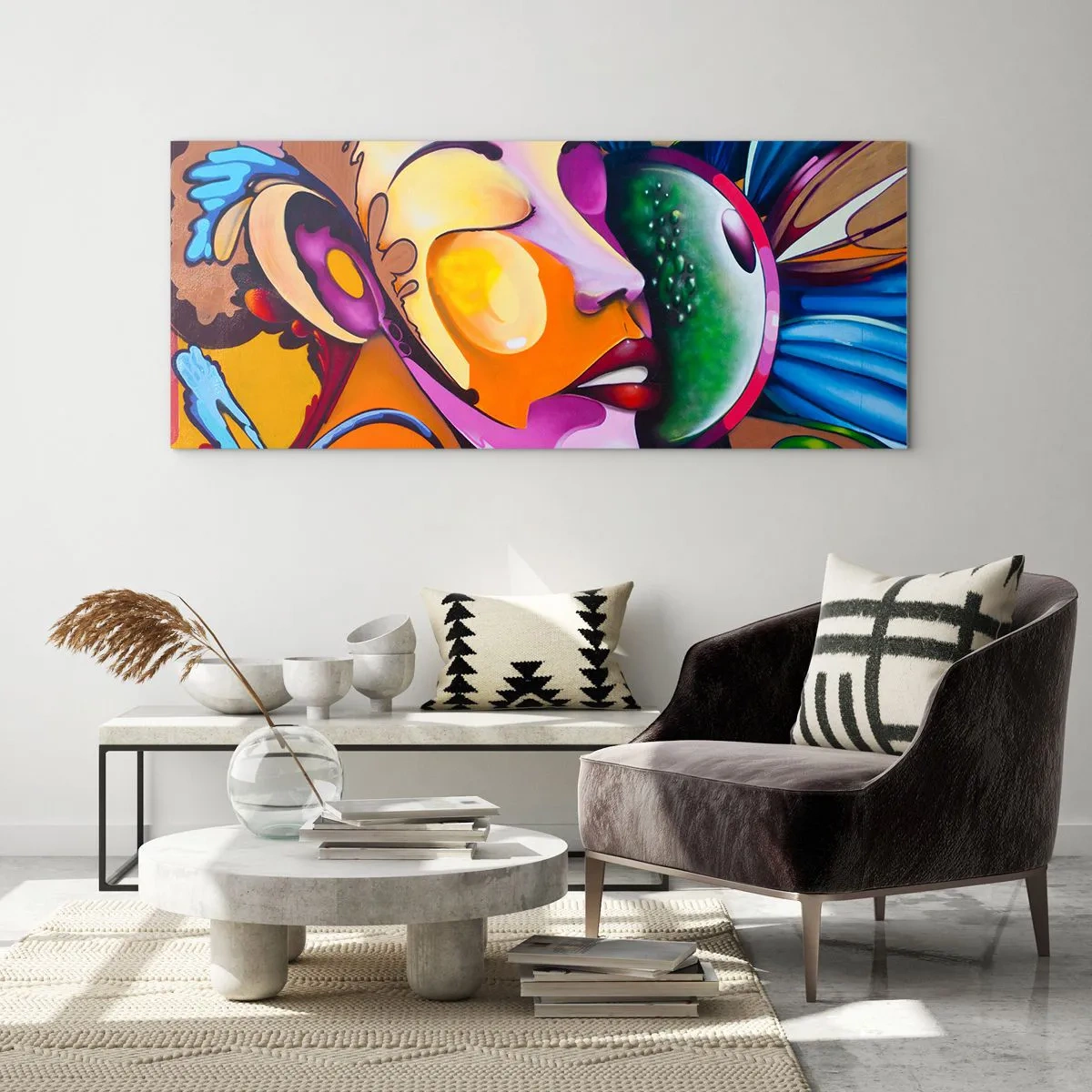 Glasbild - Bild auf glas - Eine farbenfrohe Abstraktion mit einem Gesichtsmotiv in einer dynamischen Komposition - 160x50cm - Mit Farbe berühren - Moderne Wanddekoration für Wohnzimmer und Schlafzimmer ARTTOR