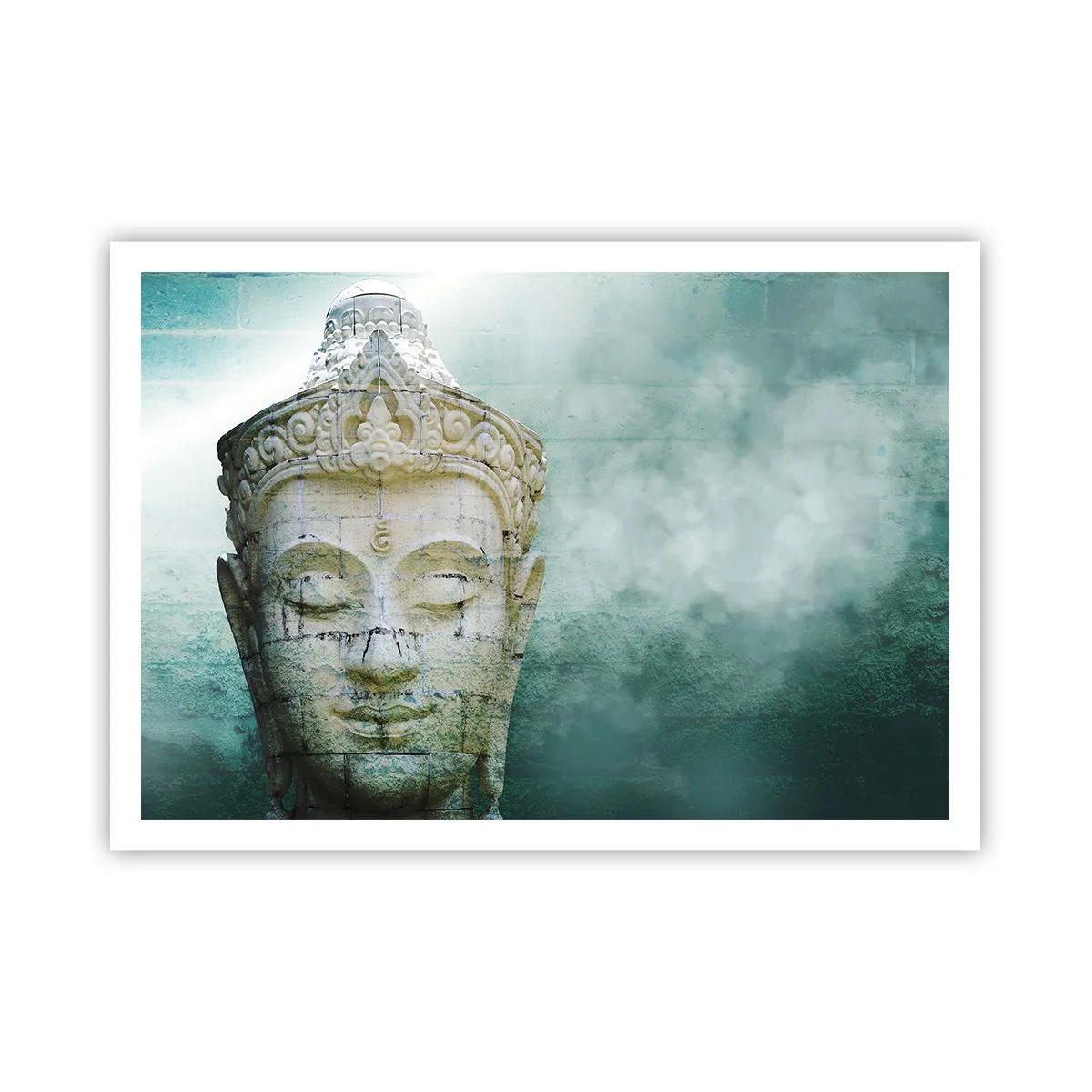 Poster - Buddha-Statue mit sanftem Nebel vor grünem Hintergrund - 100x70cm - Auf der Suche nach dem Licht - Moderne Wanddekoration für Wohnzimmer und Schlafzimmer ARTTOR