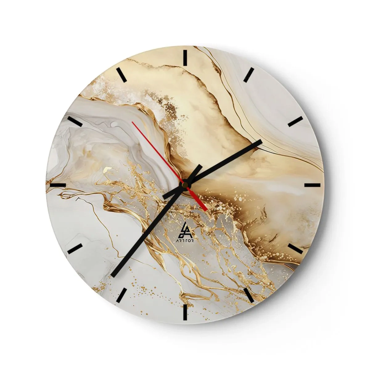 Wanduhr - Glasuhr - Gold abstrakter Spritzer auf beigem und weißem Hintergrund - 30x30cm - Abstraktion: Schönheit und Güte - Moderne Wanddekoration für Wohnzimmer, Küche und Schlafzimmer ARTTOR
