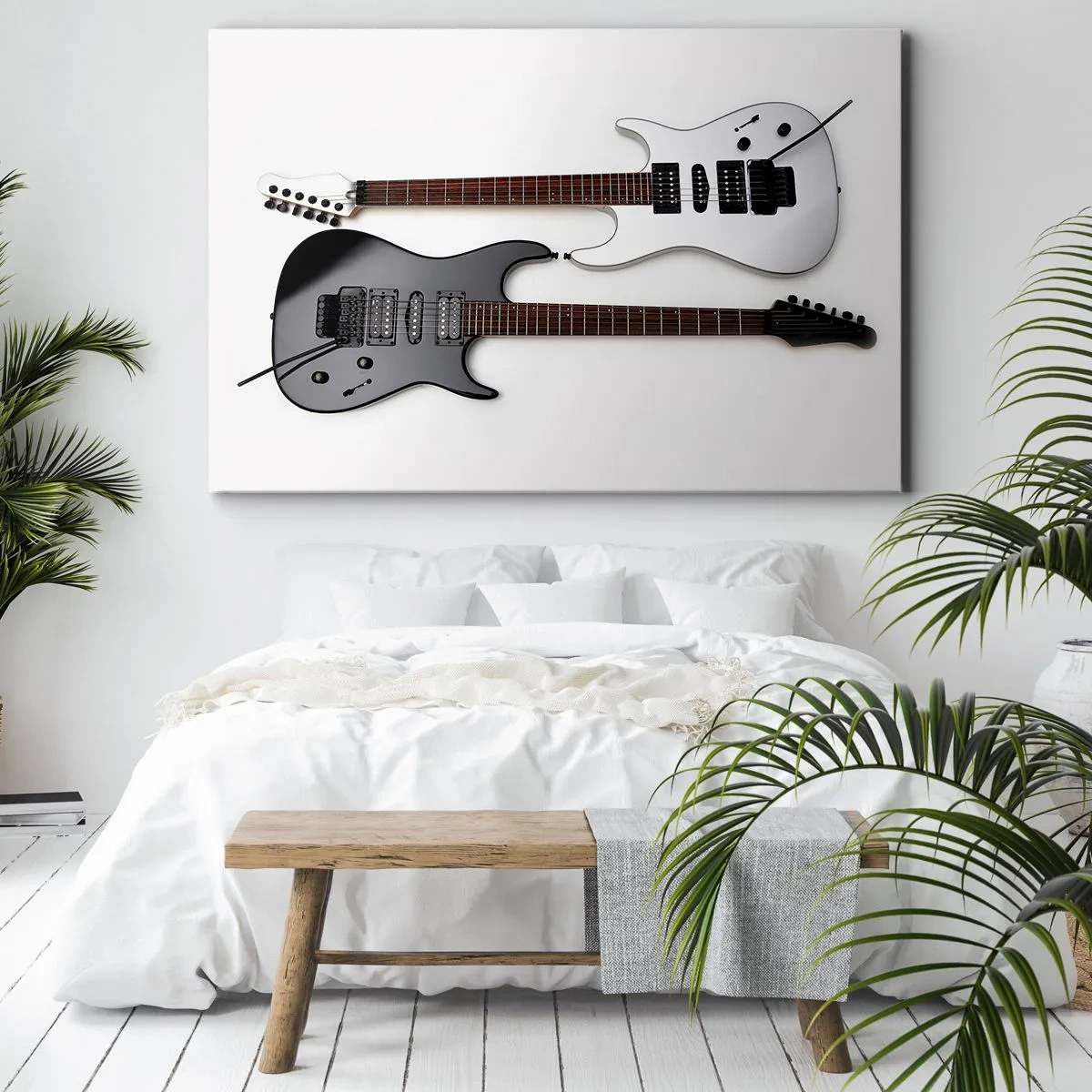 Bild auf Leinwand - Leinwandbild - Zwei E-Gitarren in Schwarz und Weiß auf hellem Hintergrund. - 70x50cm - Harmonie der Formen - Moderne Wanddekoration für Wohnzimmer und Schlafzimmer ARTTOR