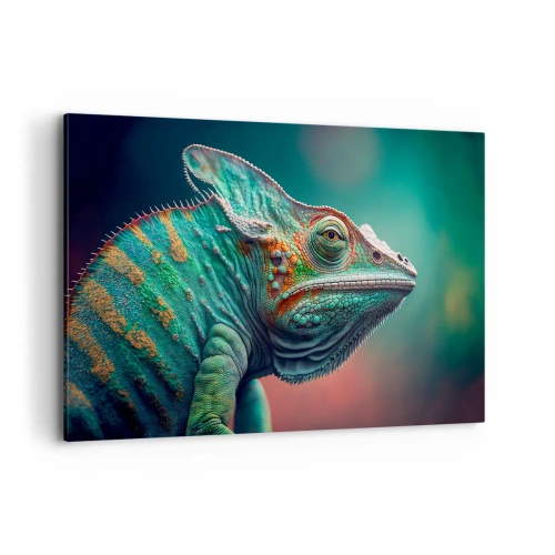 Bild auf Leinwand - Leinwandbild - Nahaufnahme eines Chamäleons in intensiven Farben - 120x80cm - Siehst du mich? Nicht gut… - Moderne Wanddekoration für Wohnzimmer und Schlafzimmer ARTTOR