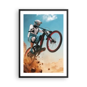 Poster in einem schwarzem Rahmen - Ein Mountainbiker führt einen dynamischen Sprung vor einer Wüstenlandschaft aus. - 50x70cm - Fahrrad-Wahnsinn-Dämon - Moderne Wanddekoration für Wohnzimmer und Schlafzimmer ARTTOR