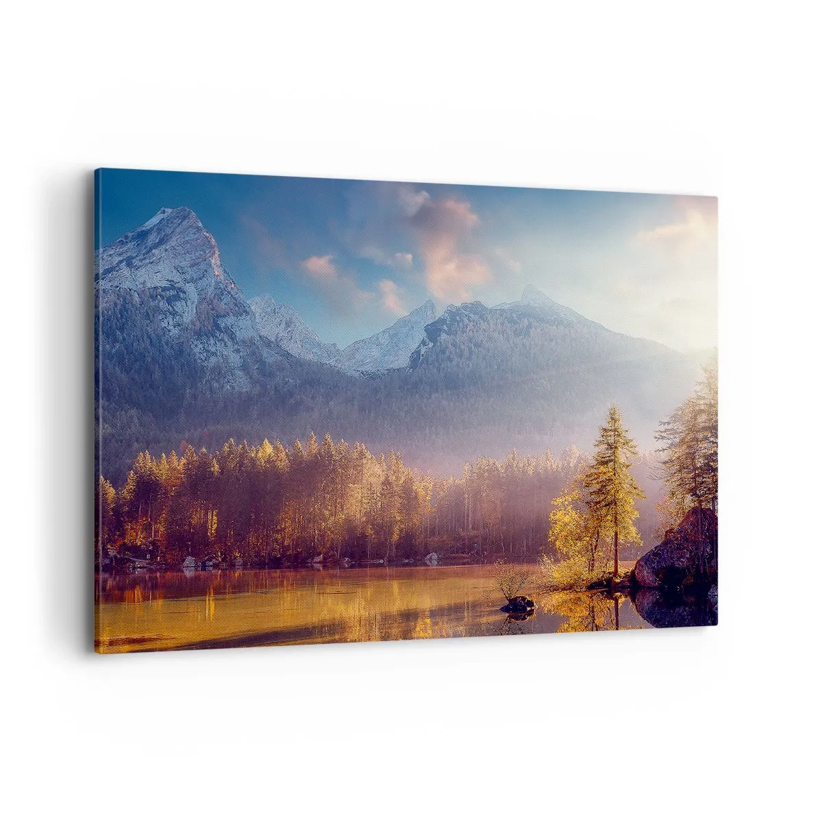 Bild auf Leinwand - Leinwandbild - Malerischer Blick auf den Bergwald und den See im Morgengrauen - 100x70cm - In den Bergen und Tälern - Moderne Wanddekoration für Wohnzimmer und Schlafzimmer ARTTOR