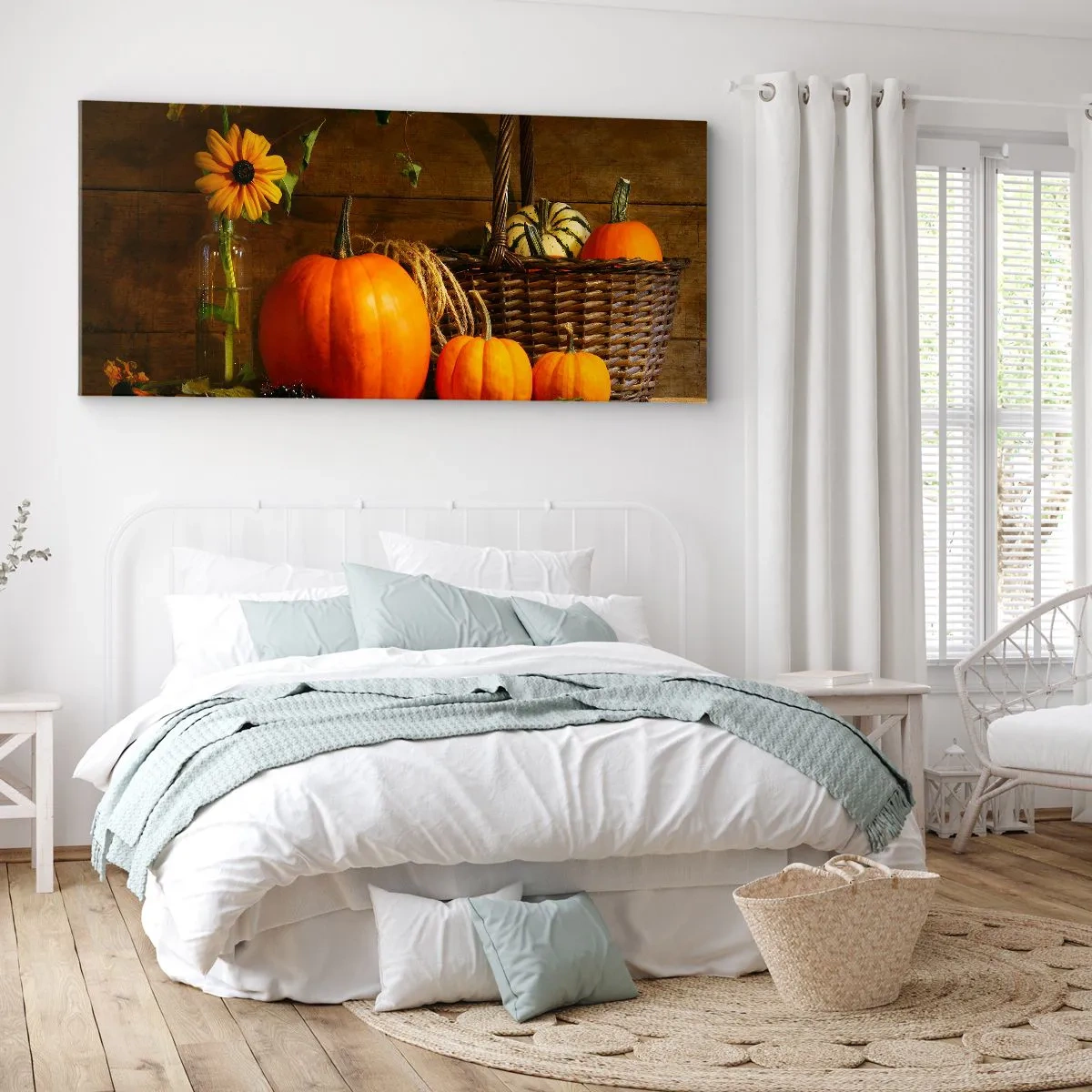 Bild auf Leinwand - Leinwandbild - Herbstkomposition mit Kürbissen und Blumen auf Holzhintergrund - 120x50cm - Eine rustikale Komposition - Geschenke des Herbstes - Moderne Wanddekoration für Wohnzimmer und Schlafzimmer ARTTOR