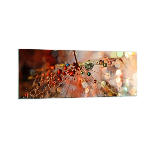 Glasbild - Bild auf glas - Makrofotografie eines Wassertropfens auf einer zarten Pflanze - 140x50cm - Auf einem Spinnenfaden aufgefädelt - Moderne Wanddekoration für Wohnzimmer und Schlafzimmer ARTTOR