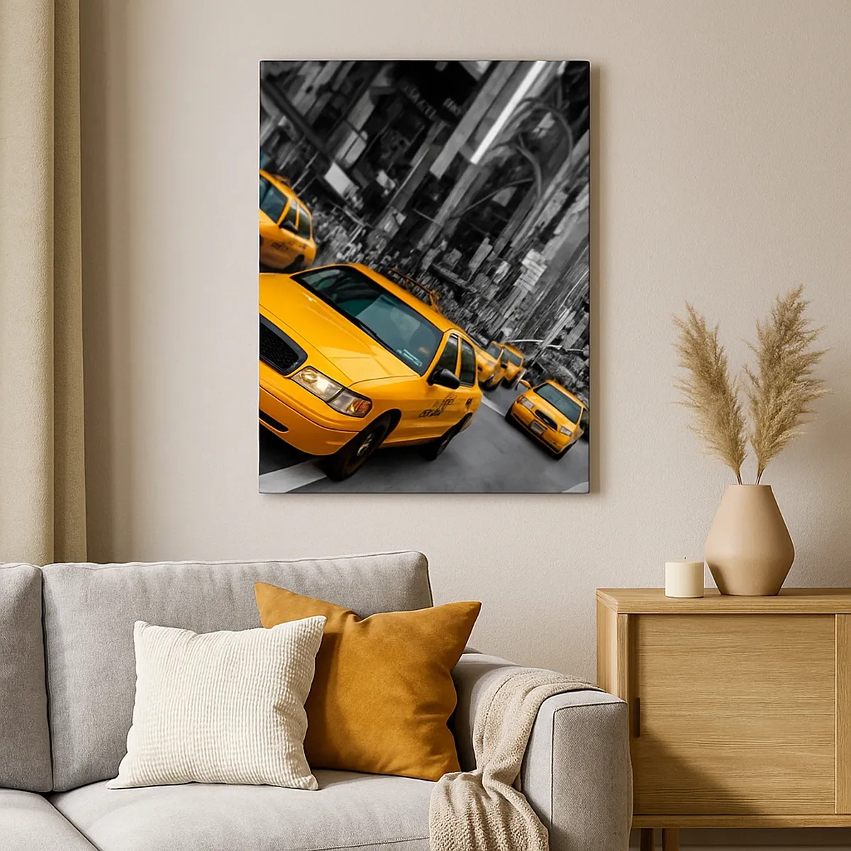 Bild auf Leinwand - Leinwandbild - Gelbe Taxis an einer belebten Kreuzung in der Stadt - 50x70cm - New Yorker Sonnentropfen - Moderne Wanddekoration für Wohnzimmer und Schlafzimmer ARTTOR
