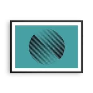 Poster in einem schwarzem Rahmen - Ein minimalistischer Kreis mit Linien auf türkisfarbenem Hintergrund. - 70x50cm - Kreis – eine geometrische Variante - Moderne Wanddekoration für Wohnzimmer und Schlafzimmer ARTTOR