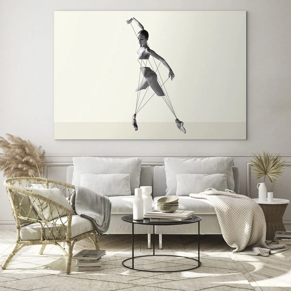 Glasbild - Bild auf glas - Schwarz-weiße Silhouette einer Ballerina mit geometrischem Linienmotiv - 100x70cm - Im Theater der Welt - Moderne Wanddekoration für Wohnzimmer und Schlafzimmer ARTTOR