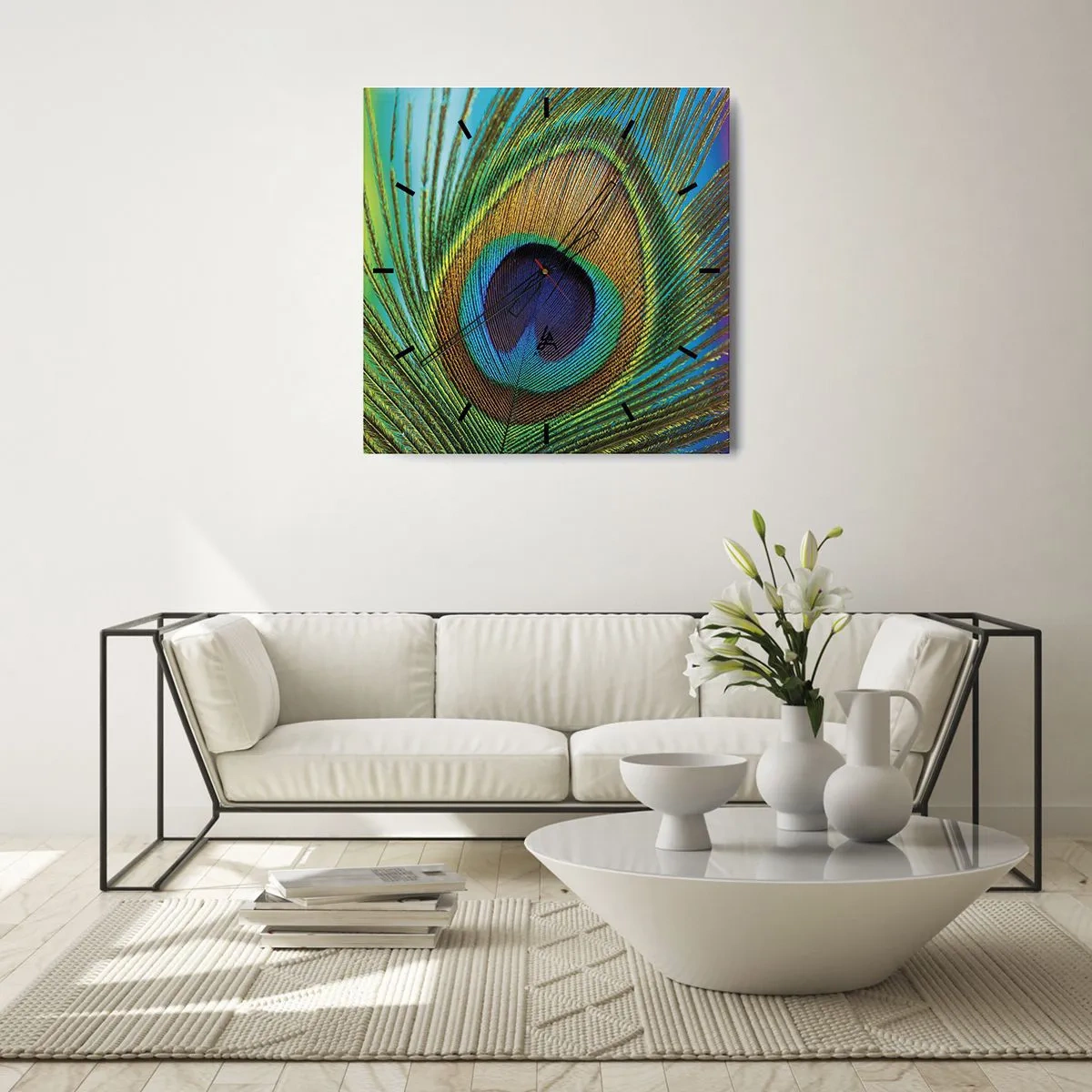Wanduhr - Glasuhr - Nahaufnahme einer Pfauenfeder mit lebendigen Farben - 30x30cm - Auge in Auge - Moderne Wanddekoration für Wohnzimmer und Schlafzimmer ARTTOR