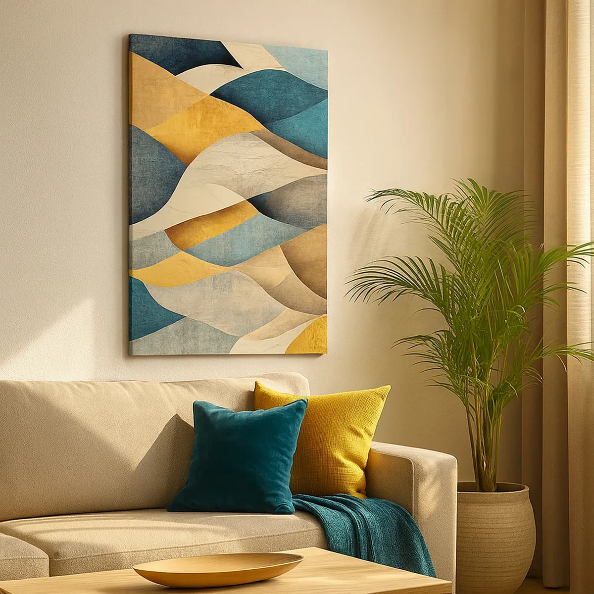 Bild auf Leinwand - Leinwandbild - Abstrakte Wellen in Blau- und Goldtönen - 50x70cm - Rhythmus und Welle - Moderne Wanddekoration für Wohnzimmer und Schlafzimmer ARTTOR
