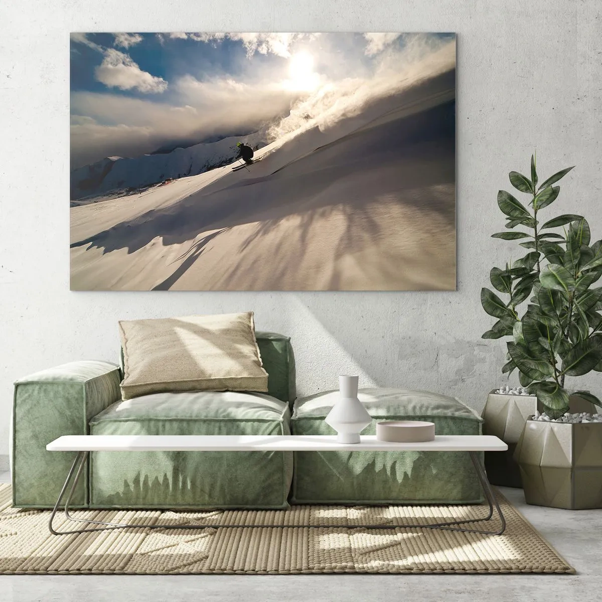 Glasbild - Bild auf glas - Ein Skifahrer gleitet im Licht der Wintersonne einen Hang hinunter - 70x50cm - Bergherausforderung angenommen - Moderne Wanddekoration für Wohnzimmer und Schlafzimmer ARTTOR