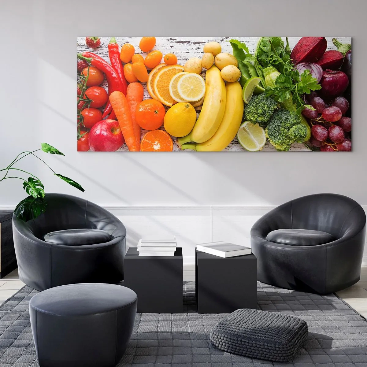 Glasbild - Bild auf glas - Buntes Obst und Gemüse auf einem hölzernen Hintergrund - 120x50cm - Es ist nicht genug? - Moderne Wanddekoration für Wohnzimmer und Schlafzimmer ARTTOR