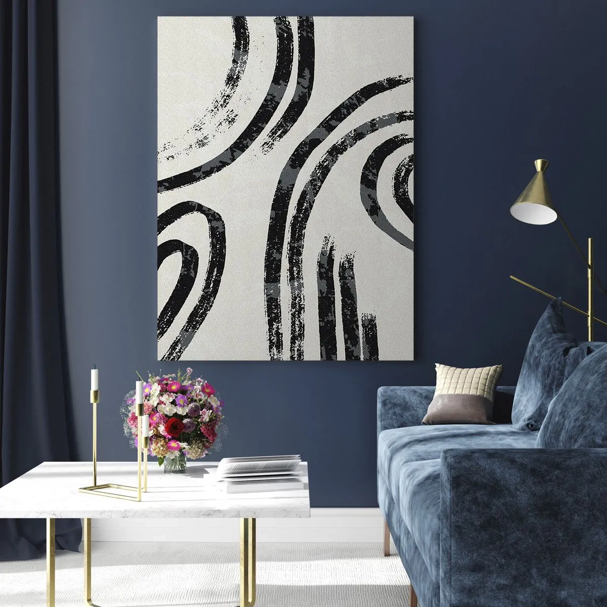 Glasbild - Bild auf glas - Schwarze halbkreisförmige Linien in minimalistischer Abstraktion auf hellem Hintergrund - 50x70cm - Bei Hälfte angehalten - Moderne Wanddekoration für Wohnzimmer und Schlafzimmer ARTTOR