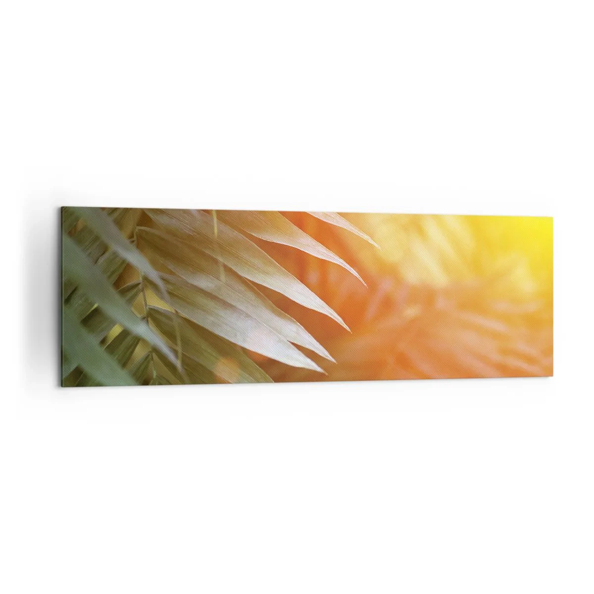 Bild auf Leinwand - Leinwandbild - Palmblätter in den Strahlen des Sonnenuntergangs - 160x50cm - Morgen im Dschungel - Moderne Wanddekoration für Wohnzimmer und Schlafzimmer ARTTOR