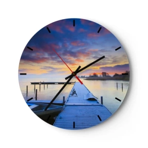 Wanduhr - Glasuhr - Lakeside Pier bei Sonnenaufgang - 30x30cm - Violett-goldene Ruhe - Moderne Wanddekoration für Wohnzimmer, Küche und Schlafzimmer ARTTOR