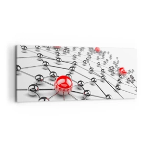 Bild auf Leinwand - Leinwandbild - Ein Netzwerk aus metallischen Kugeln mit roten Akzenten - 120x50cm - Silbriges Netz - Moderne Wanddekoration für Wohnzimmer und Schlafzimmer ARTTOR