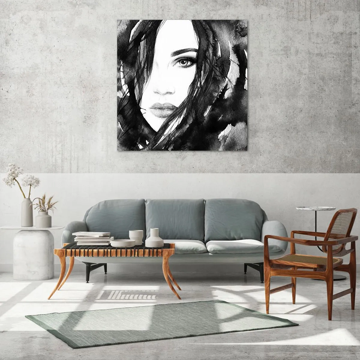 Glasbild - Bild auf glas - Porträt einer Dame in Schwarzweiß - 60x60 cm