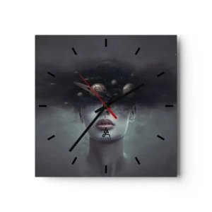 Wanduhr - Glasuhr - Ein Frauengesicht mit einem Planeten- und Weltraummotiv im Hintergrund - 30x30cm - Und die Planeten spielen verrückt ... - Moderne Wanddekoration für Wohnzimmer und Schlafzimmer ARTTOR