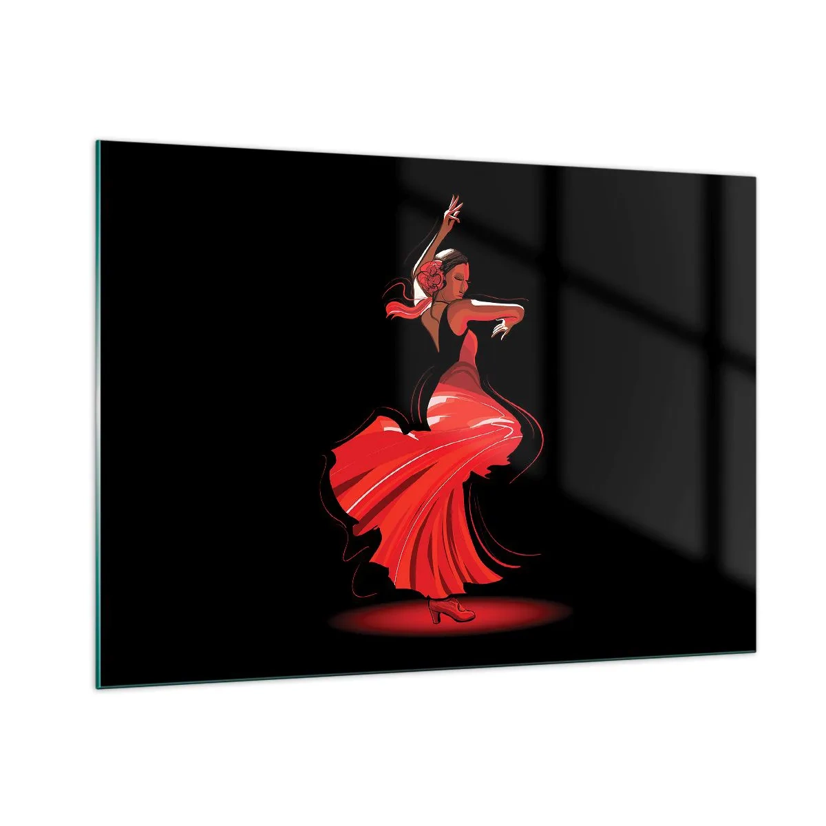 Glasbild - Bild auf glas - Flamenco-Tänzerin in einem roten Kleid vor schwarzem Hintergrund - 100x70cm - Der feurige Geist des Flamenco - Moderne Wanddekoration für Wohnzimmer und Schlafzimmer ARTTOR