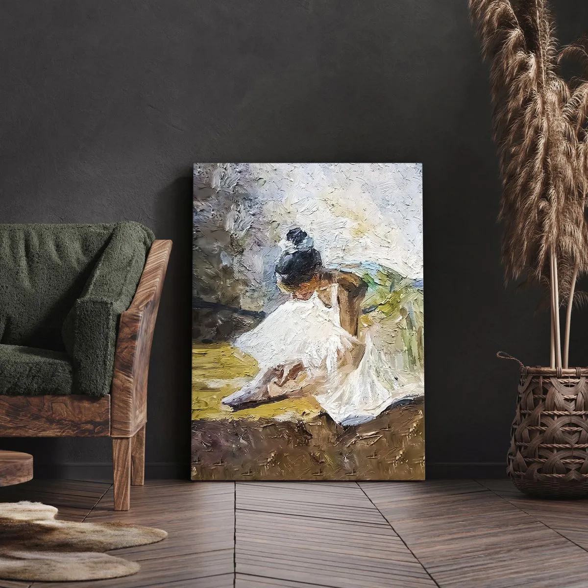 Bild auf Leinwand - Leinwandbild - Eine Ballerina in einem weißen Kleid im malerischen Stil vor einem impressionistischen Hintergrund. - 80x120cm - Aus einem Gemälde von Degas - Moderne Wanddekoration für Wohnzimmer und Schlafzimmer ARTTOR