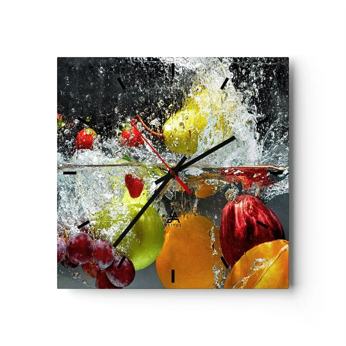 Wanduhr - Glasuhr - Bunte Früchte im Wasser bei dynamischer Immersion - 30x30cm - Fruchterfrischung - Moderne Wanddekoration für Wohnzimmer und Schlafzimmer ARTTOR